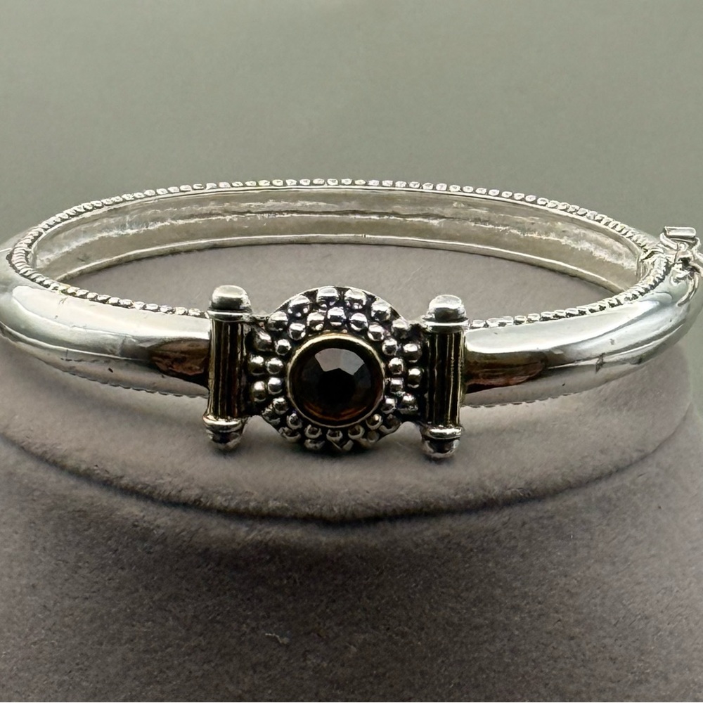 Heavy Silver Tone Hinged Bangle Bracelet Brown Stone 40g
